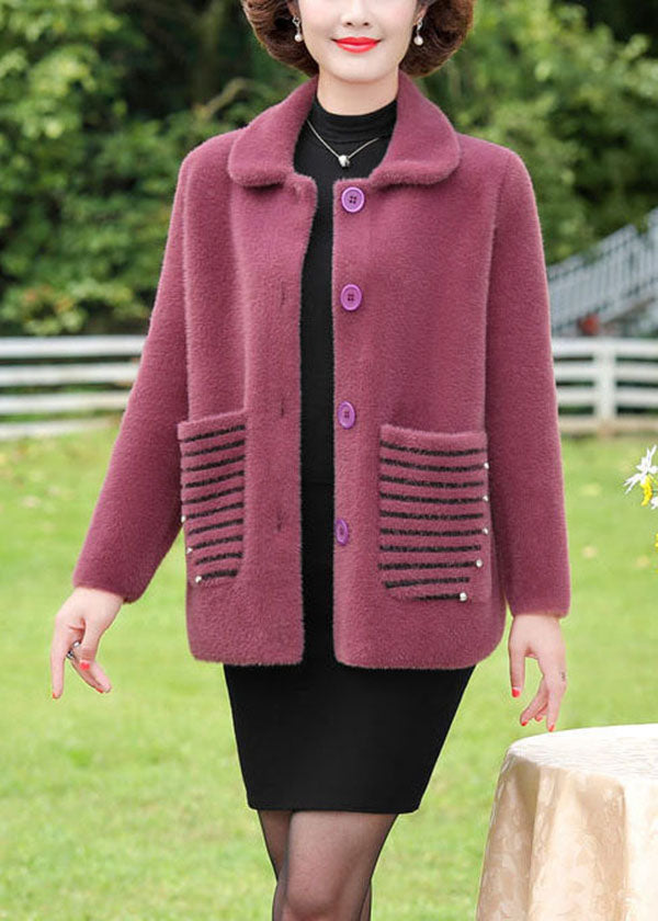 Plus Size Purple Peter Pan Collar Striped Pockets Mink Hair Knitted Coat Winter