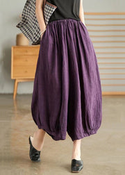 Plus Size Purple Pockets Elastic Waist Linen Crop Pants Summer
