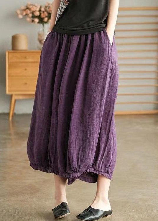 Plus Size Purple Pockets Elastic Waist Linen Crop Pants Summer