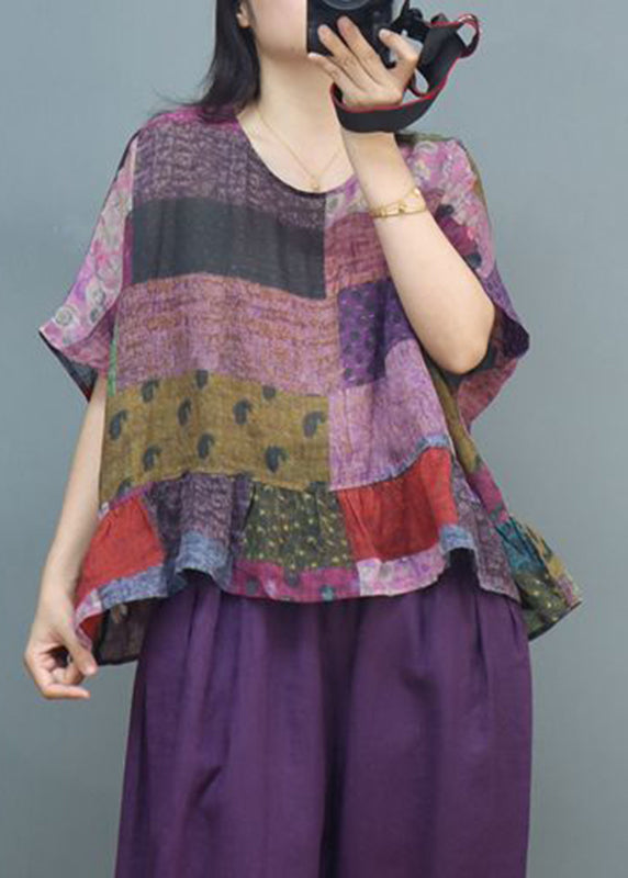 Plus Size Purple Print Linen Top Short Sleeve