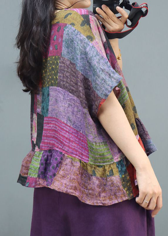 Plus Size Purple Print Linen Top Short Sleeve