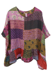 Plus Size Purple Print Linen Top Short Sleeve