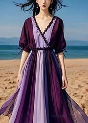 Plus Size Purple Ruffled Patchwork Chiffon Cinched Dresses Summer