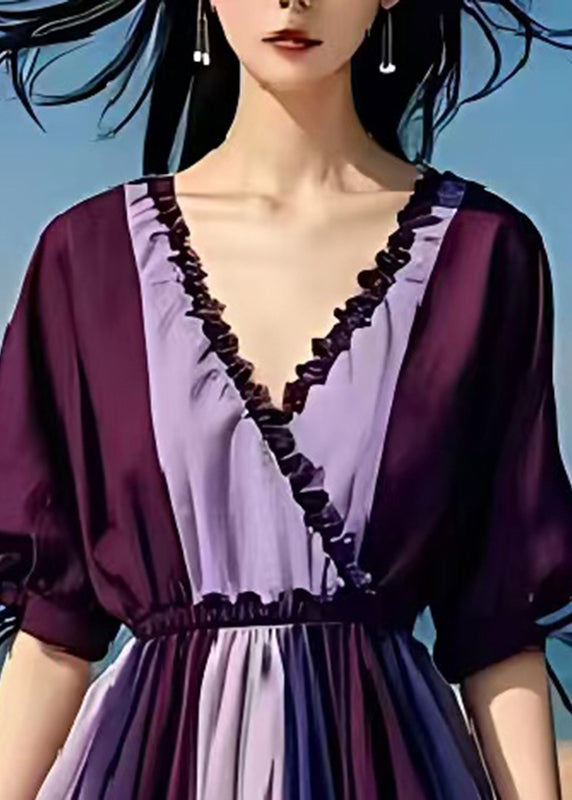 Plus Size Purple Ruffled Patchwork Chiffon Cinched Dresses Summer