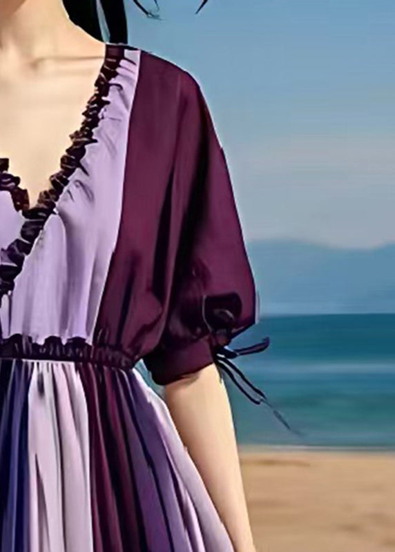 Plus Size Purple Ruffled Patchwork Chiffon Cinched Dresses Summer