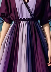 Plus Size Purple Ruffled Patchwork Chiffon Cinched Dresses Summer