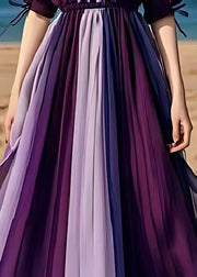 Plus Size Purple Ruffled Patchwork Chiffon Cinched Dresses Summer