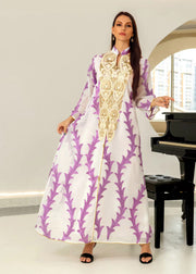 Plus Size Purple Stand Collar Striped Patchwork Tulle Maxi Dresses Long Sleeve