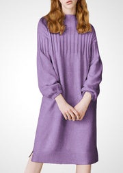 Plus Size Purple Stand Collar Thick Wool Long Knit Dress Winter