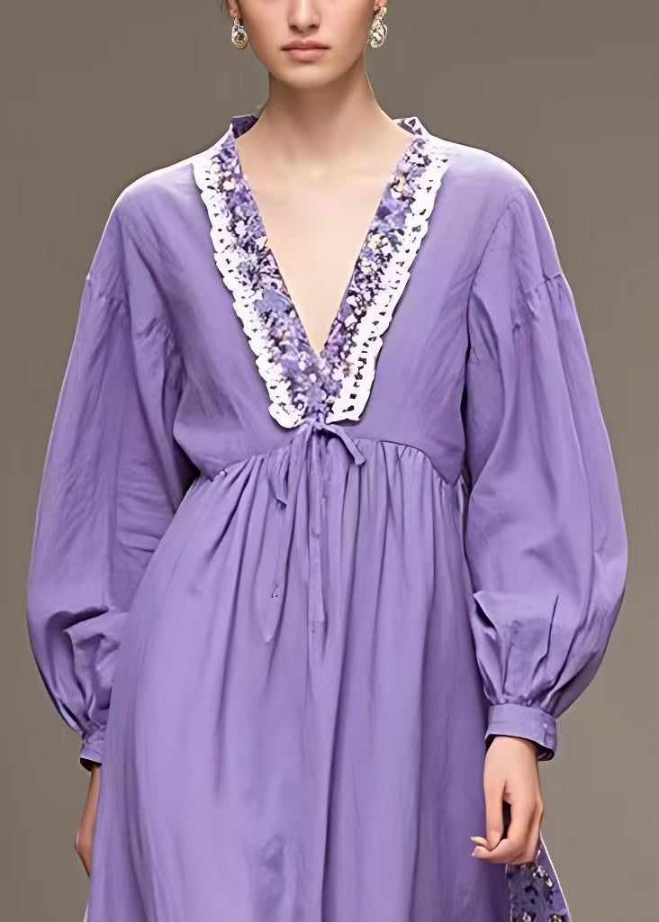 Plus Size Purple V Neck High Waist Patchwork Cotton Maxi Dress Fall