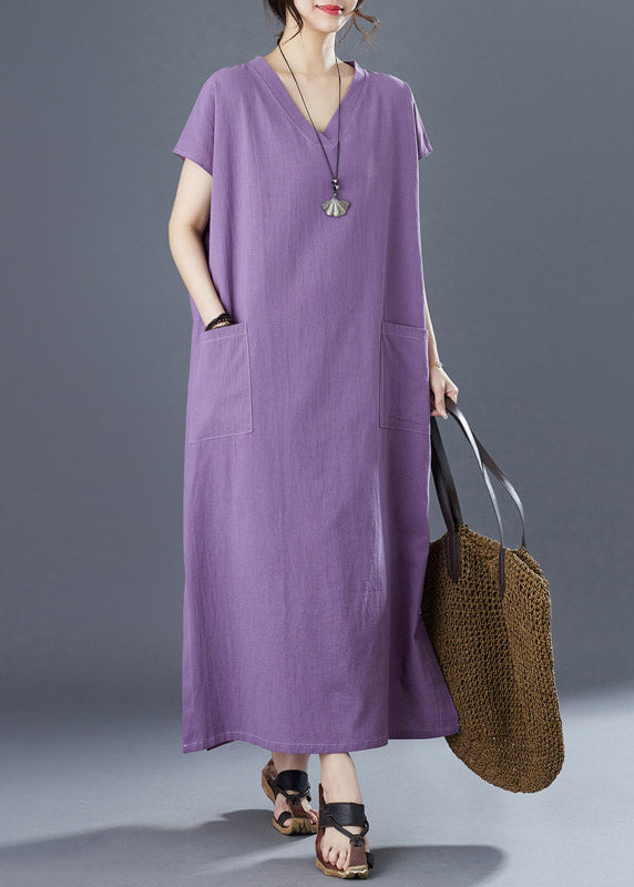 Plus Size Purple V Neck Patchwork Long Dresses Short Sleeve