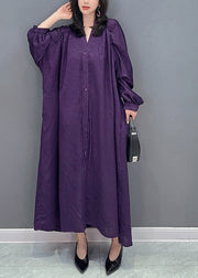 Plus Size Purple V Neck Print Button Long Dresses Long Sleeve