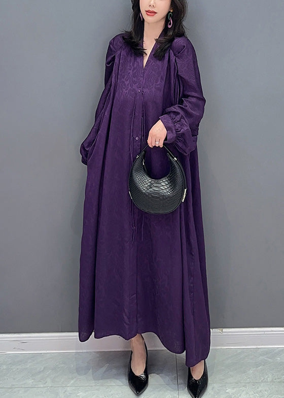 Plus Size Purple V Neck Print Button Long Dresses Long Sleeve