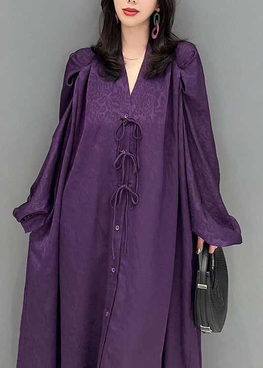 Plus Size Purple V Neck Print Button Long Dresses Long Sleeve