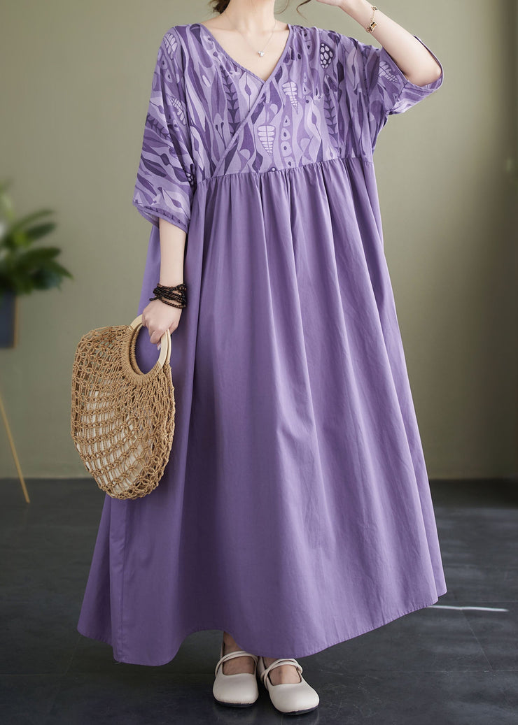 Plus Size Purple V Neck Wrinkled Print Patchwork Cotton Vacation Dresses Summer