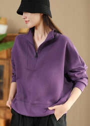 Plus Size Purple Zip Up Cotton Pullover Streetwear Spring