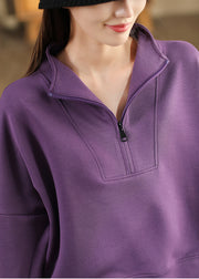 Plus Size Purple Zip Up Cotton Pullover Streetwear Spring