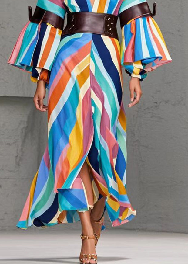 Plus Size Rainbow Striped Side Open Cotton Cinched Dresses Spring