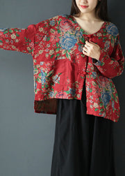 Plus Size Red Asymmetrical Print Cotton Coats Spring