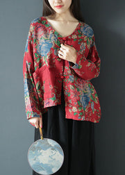 Plus Size Red Asymmetrical Print Cotton Coats Spring