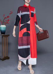 Plus Size Red Asymmetrical Print Silk Maxi Dress Summer