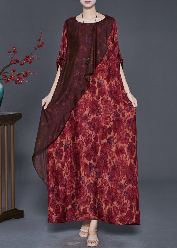 Plus Size Red Asymmetrical Print Silk Robe Dresses Spring