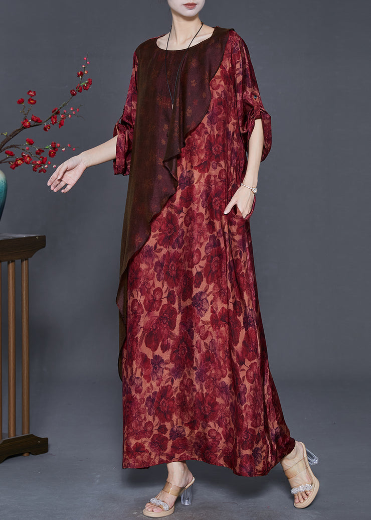 Plus Size Red Asymmetrical Print Silk Robe Dresses Spring