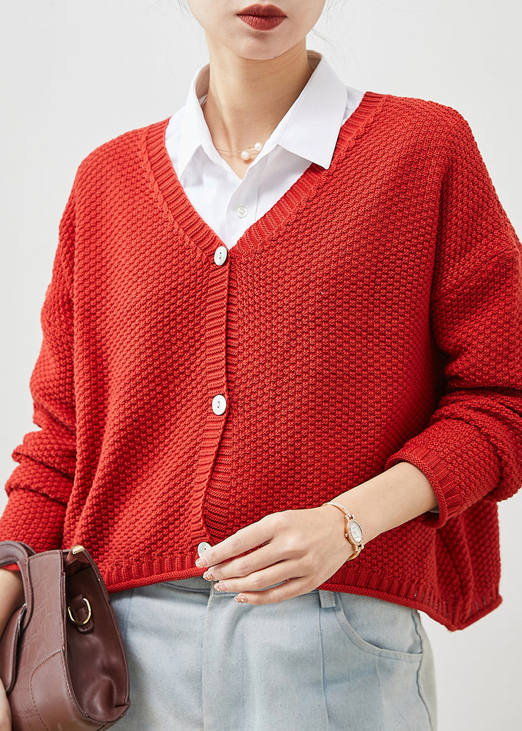 Plus Size Red Button Down Knit Loose Cardigan Spring