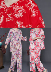 Plus Size Red Dragon Print Cotton Women Sets 2 Pieces Summer