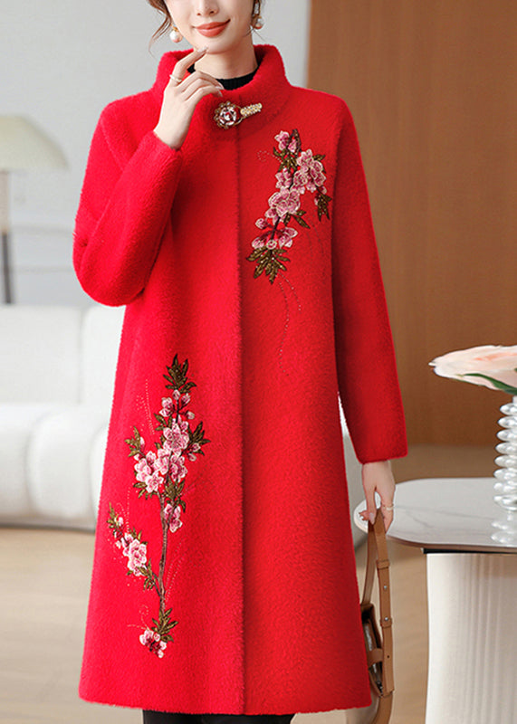 Plus Size Red Embroidered Long Mink Velvet Coats Spring