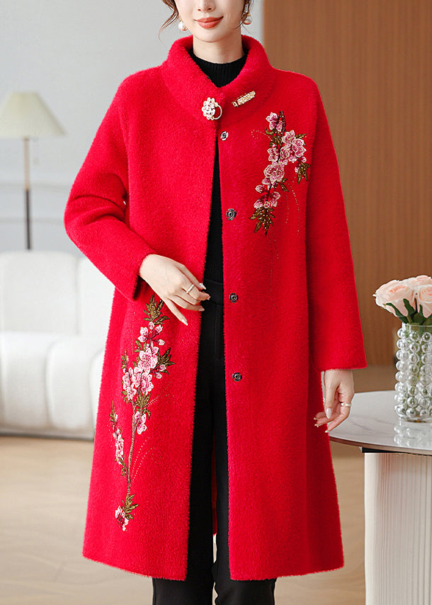 Plus Size Red Embroidered Long Mink Velvet Coats Spring