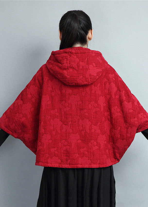 Plus Size Red Hooded Embroideried Warm Fleece Coat Batwing Sleeve