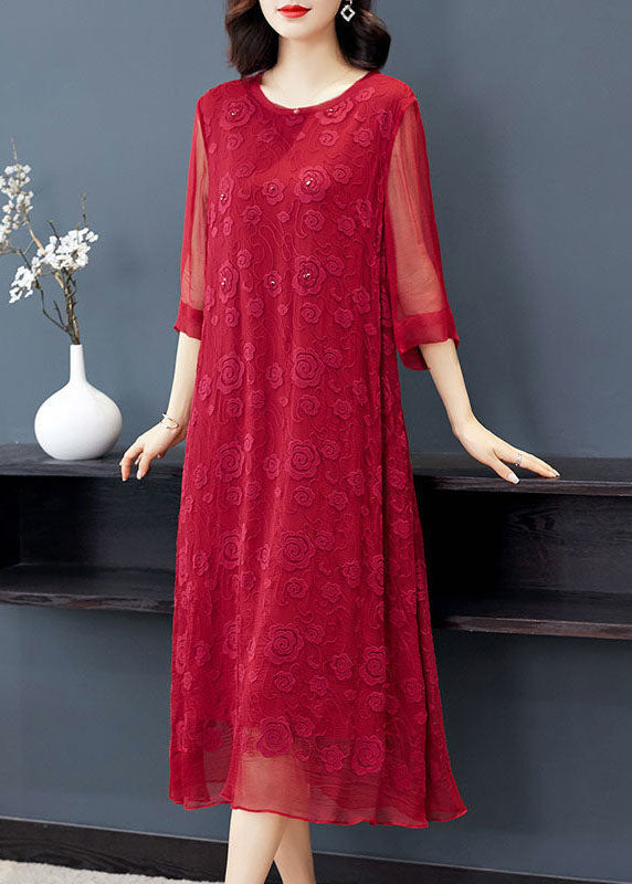 Plus Size Red O-Neck Embroideried Silk Dresses Long Sleeve