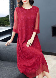 Plus Size Red O-Neck Embroideried Silk Dresses Long Sleeve