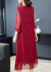 Plus Size Red O-Neck Embroideried Silk Dresses Long Sleeve