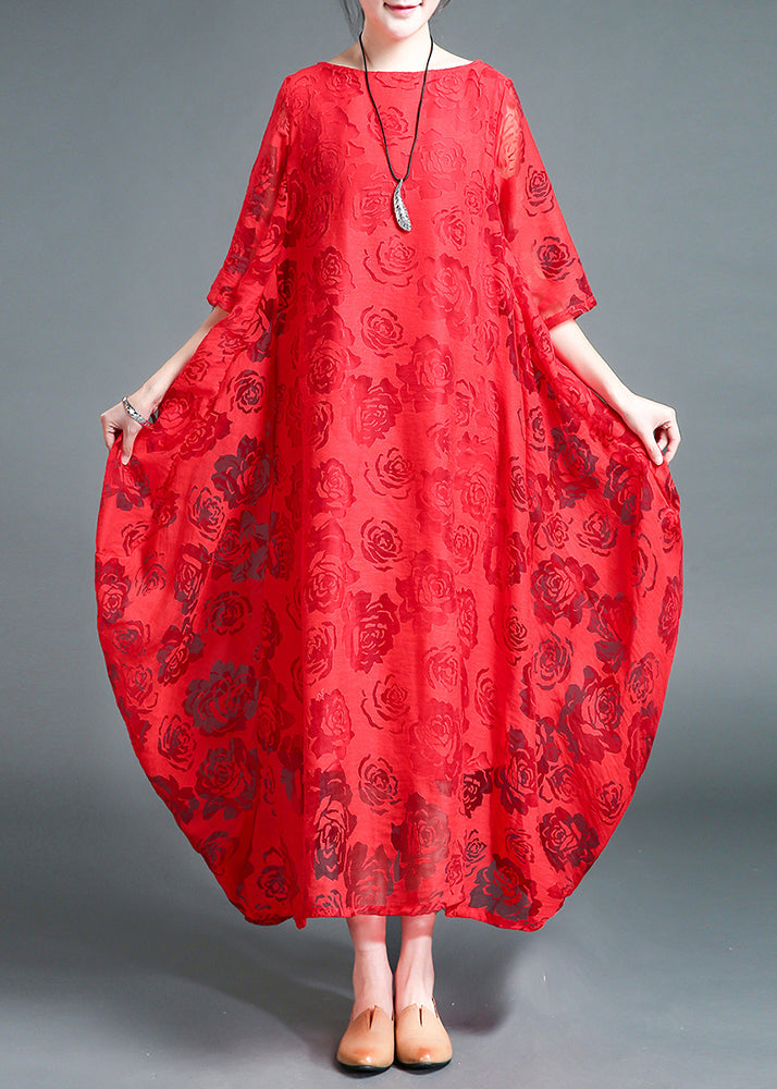 Plus Size Red O-Neck Lace Holiday Maxi Dress Summer