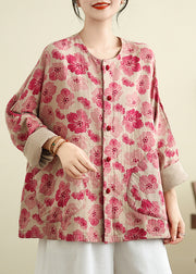 Plus Size Red O Neck Pockets Print Cotton Shirts Coat Spring