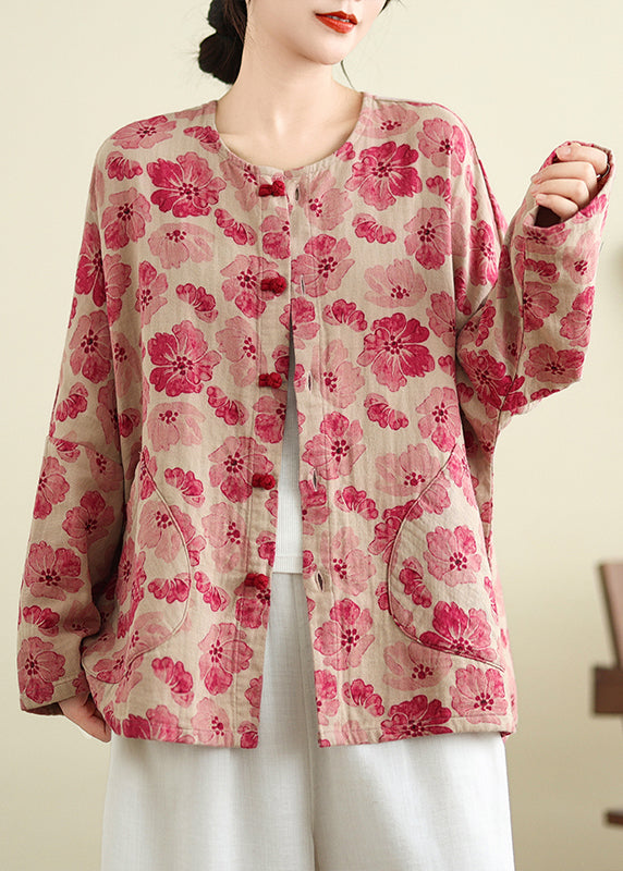 Plus Size Red O Neck Pockets Print Cotton Shirts Coat Spring