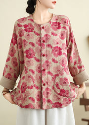 Plus Size Red O Neck Pockets Print Cotton Shirts Coat Spring