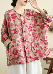 Plus Size Red O Neck Pockets Print Cotton Shirts Coat Spring