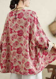 Plus Size Red O Neck Pockets Print Cotton Shirts Coat Spring