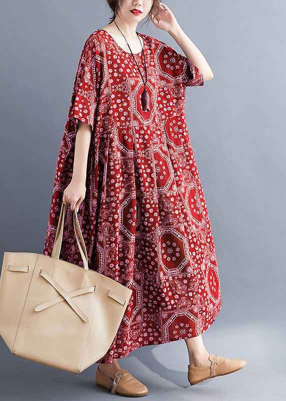 Plus Size Red O Neck Print Pockets Cotton Long Dress Summer