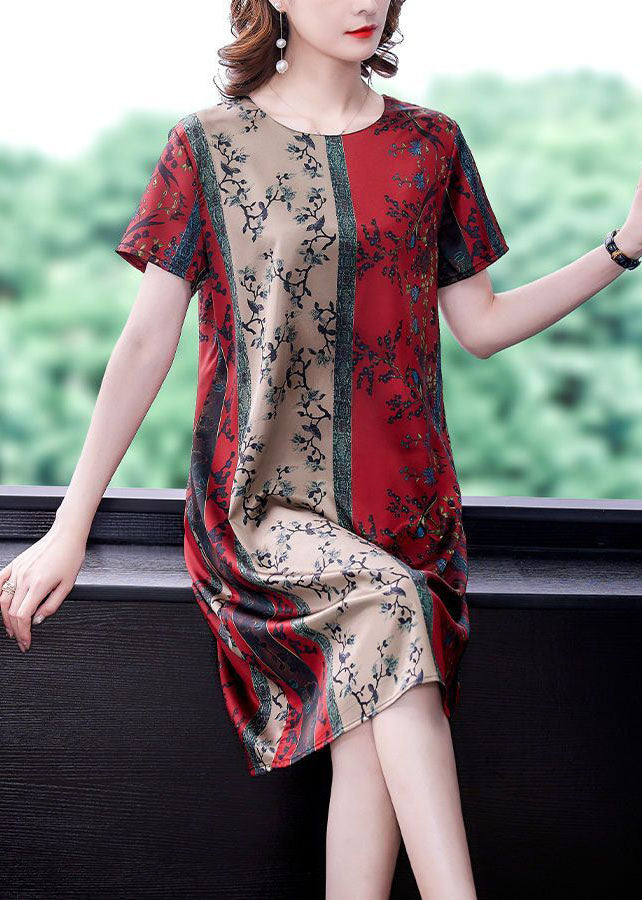 Plus Size Red O-Neck Print Slim Fit Silk Mid Dress Summer