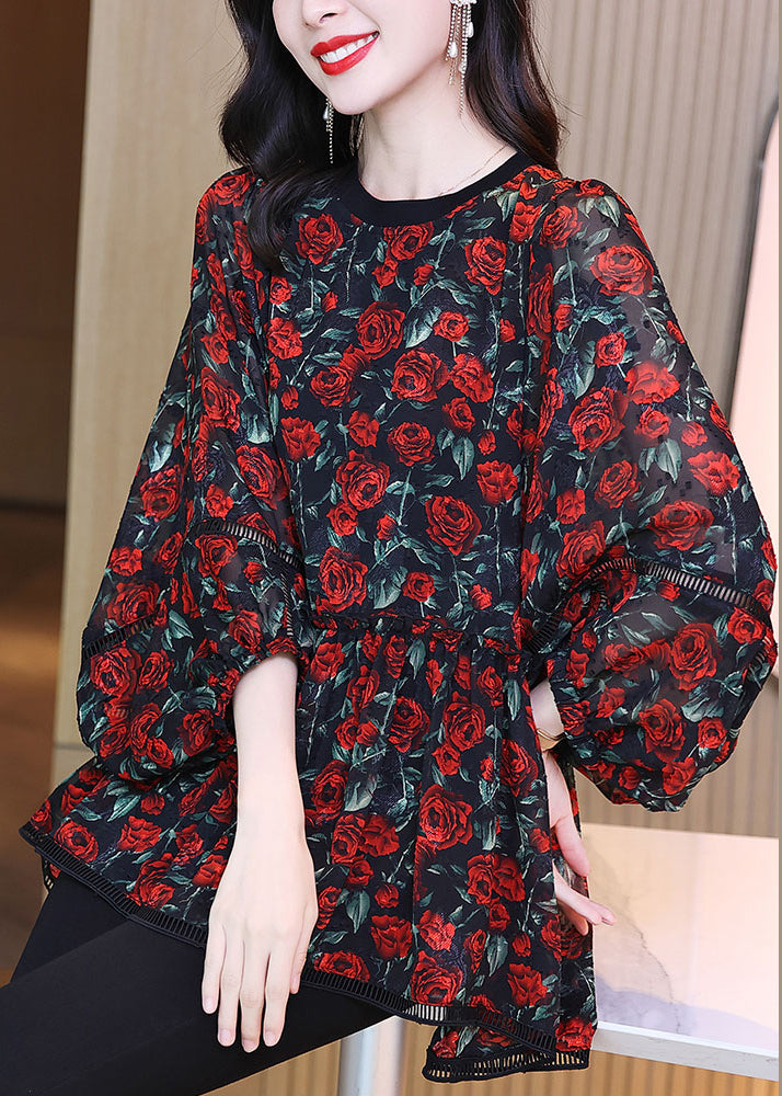 Plus Size Red O-Neck Print Wrinkled Chiffon Shirt Long Sleeve