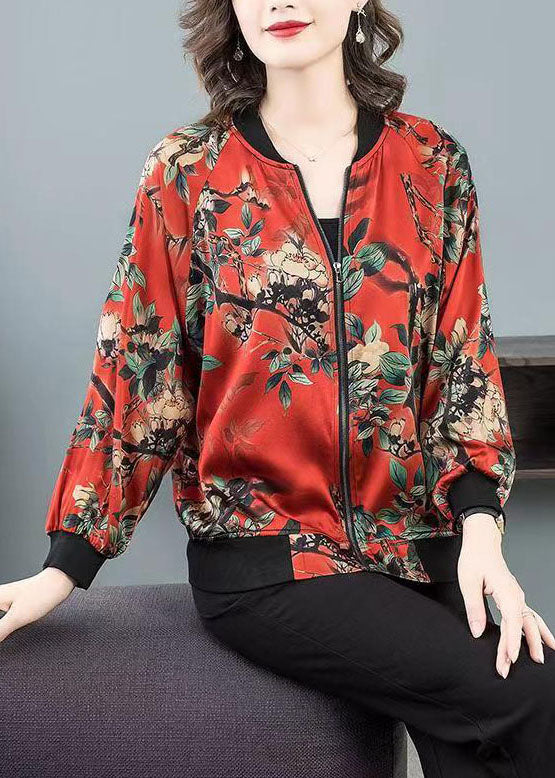 Plus Size Red O-Neck Print Zippered Patchwork Silk Jacket Spring