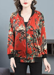 Plus Size Red O-Neck Print Zippered Patchwork Silk Jacket Spring