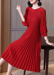 Plus Size Red O-Neck Wrinkled Maxi Dress Lantern Sleeve