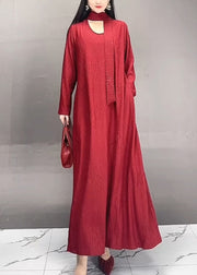 Plus Size Red O-Neck Wrinkled Maxi Dresses Spring