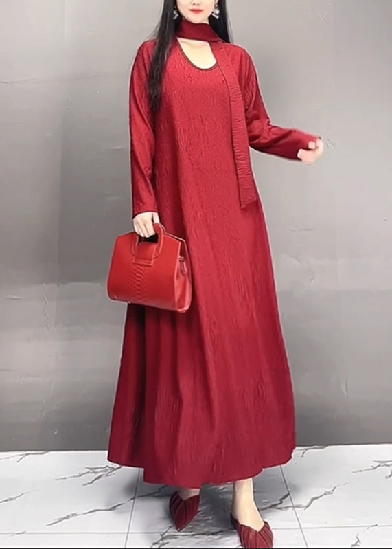 Plus Size Red O-Neck Wrinkled Maxi Dresses Spring