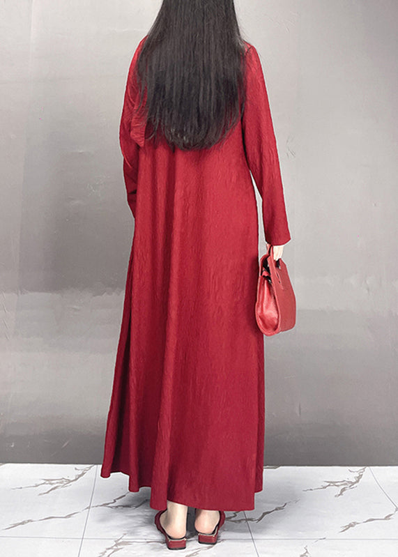 Plus Size Red O-Neck Wrinkled Maxi Dresses Fall